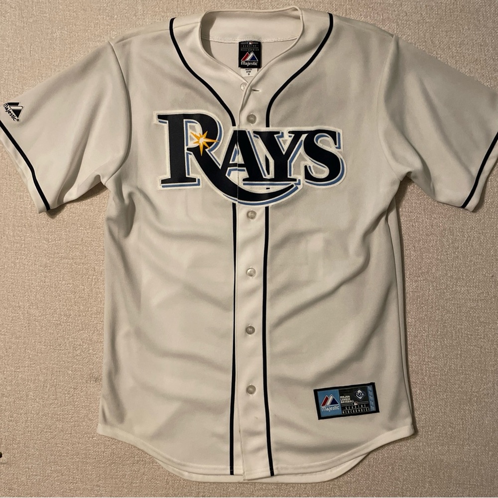 Majestic White and Navy Tampa Bay Rays Jersey Stitched Patch Size S